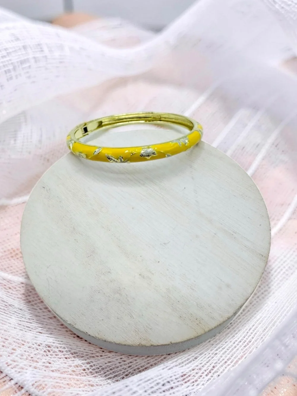 Yellow Floral Enamel Bangle Bracelet Gold Tone Vintage Style Statement Jewelry